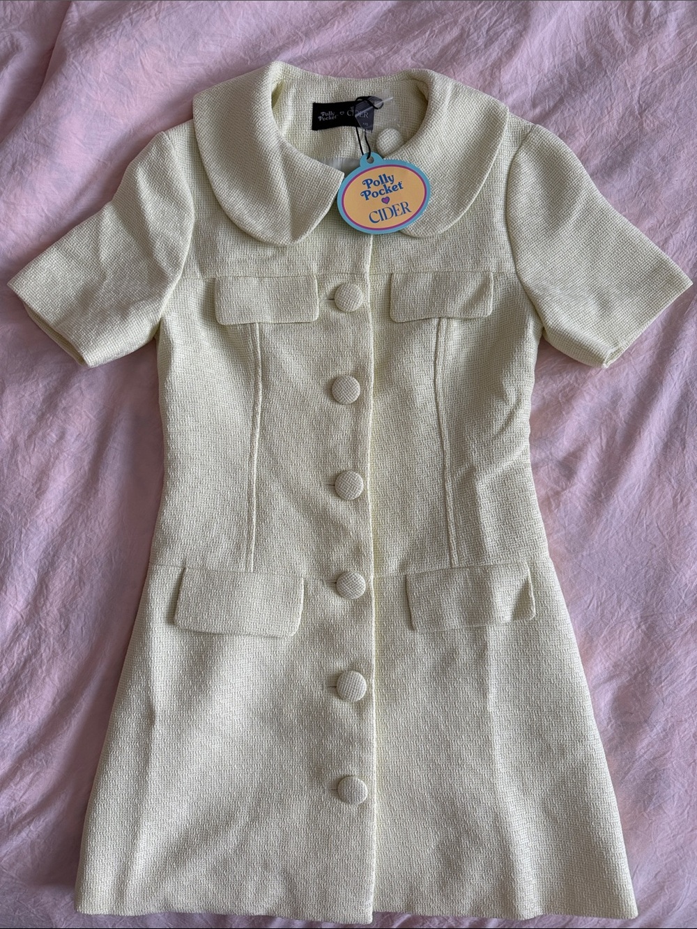 NWT Polly Pocket x Cider Tweed Button Up Mini Dress Pastel Yellow Size XXS